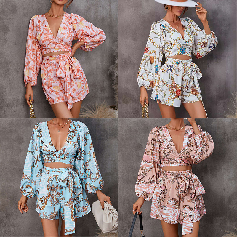 Women's Clothing Printing Long Sleeve Shorts V-neck Jumpsuit Fashion - Image 36