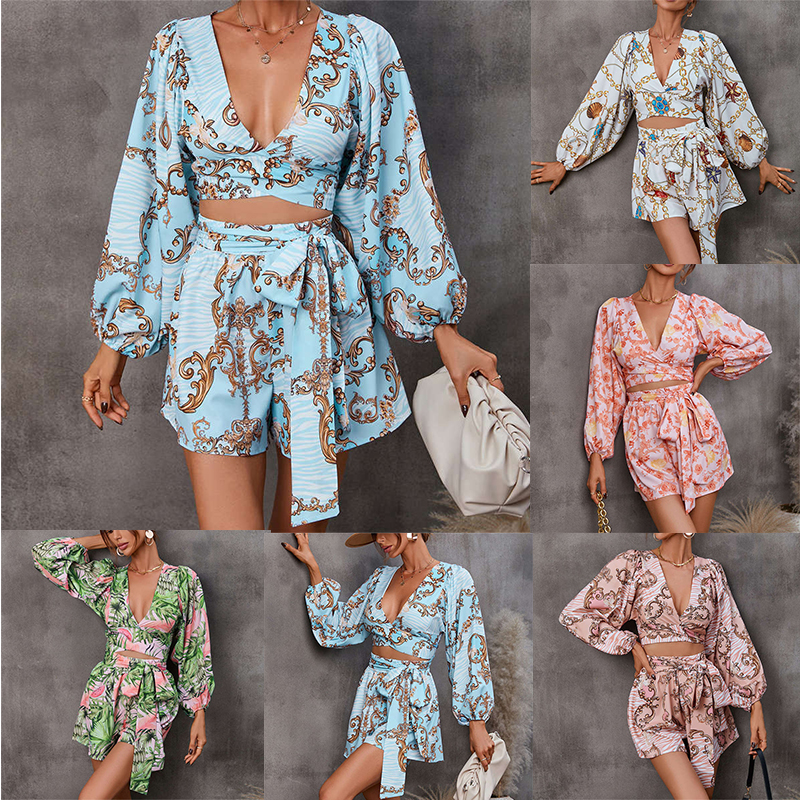 Women's Clothing Printing Long Sleeve Shorts V-neck Jumpsuit Fashion - Image 33