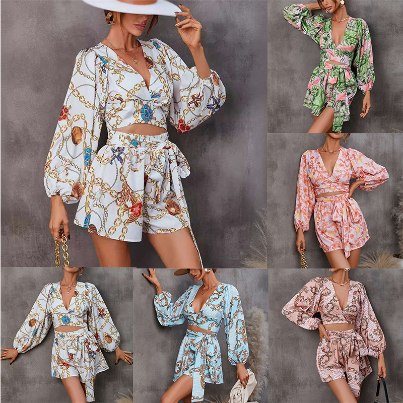 Women's Clothing Printing Long Sleeve Shorts V-neck Jumpsuit Fashion - Image 34