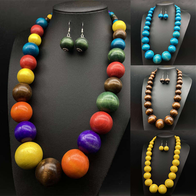 European and American Wooden Bead Necklace Earrings Suite Bohemian Style Fashion - 图片 16