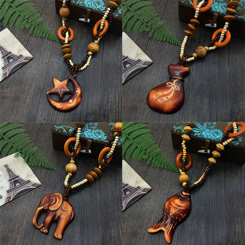 Wooden Bead Long Necklace Seaside Play Ornament Cotton Linen Wind Long Necklace - Image 8