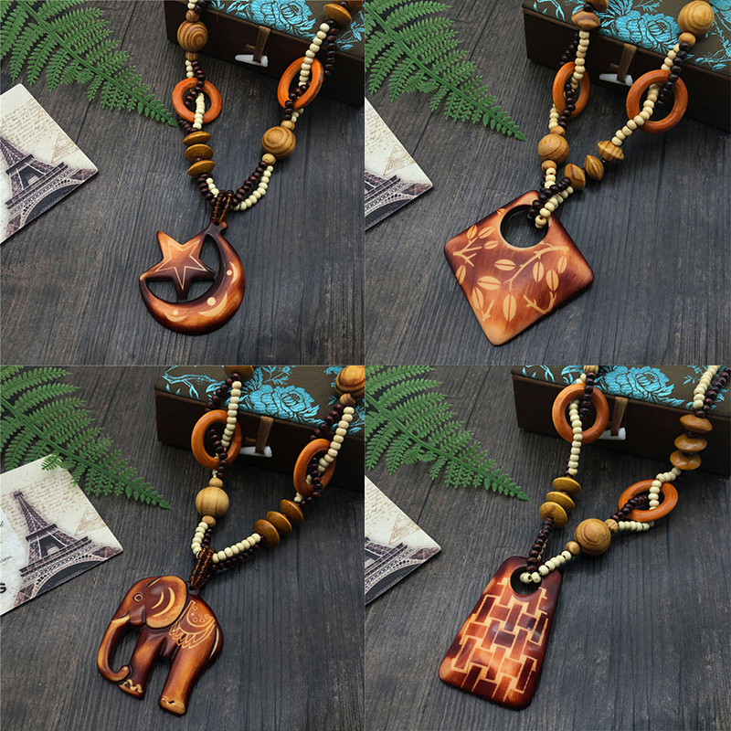 Wooden Bead Long Necklace Seaside Play Ornament Cotton Linen Wind Long Necklace - Image 9