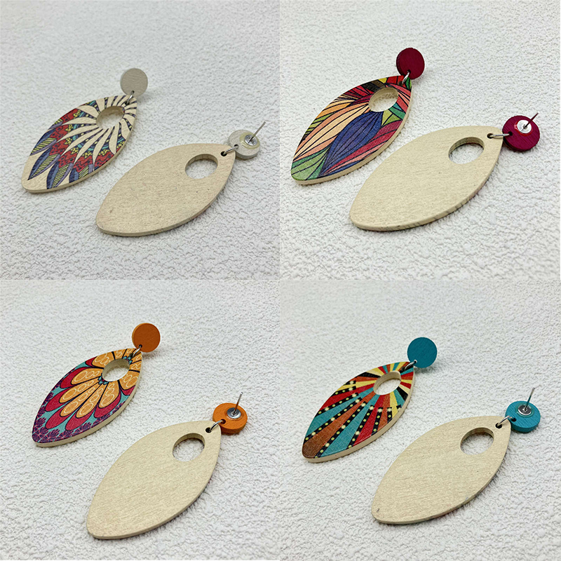 Jewelry Ornament European and American Earrings Wooden Earrings Retro Geometry - 图片 22
