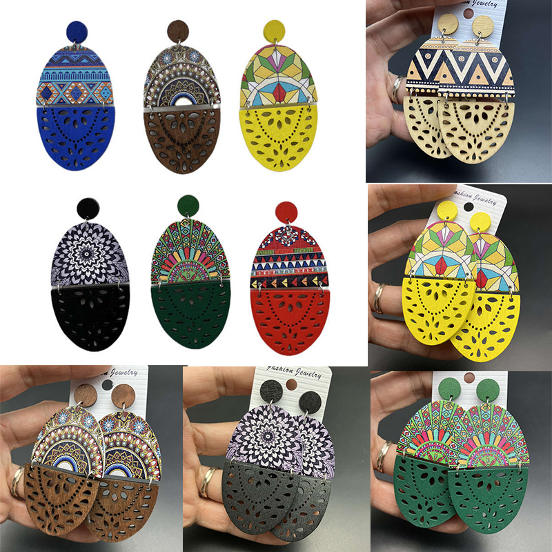 European and American Retro Wooden Dangle Earrings Printed Hollow Jewelry Earrings - 图片 19