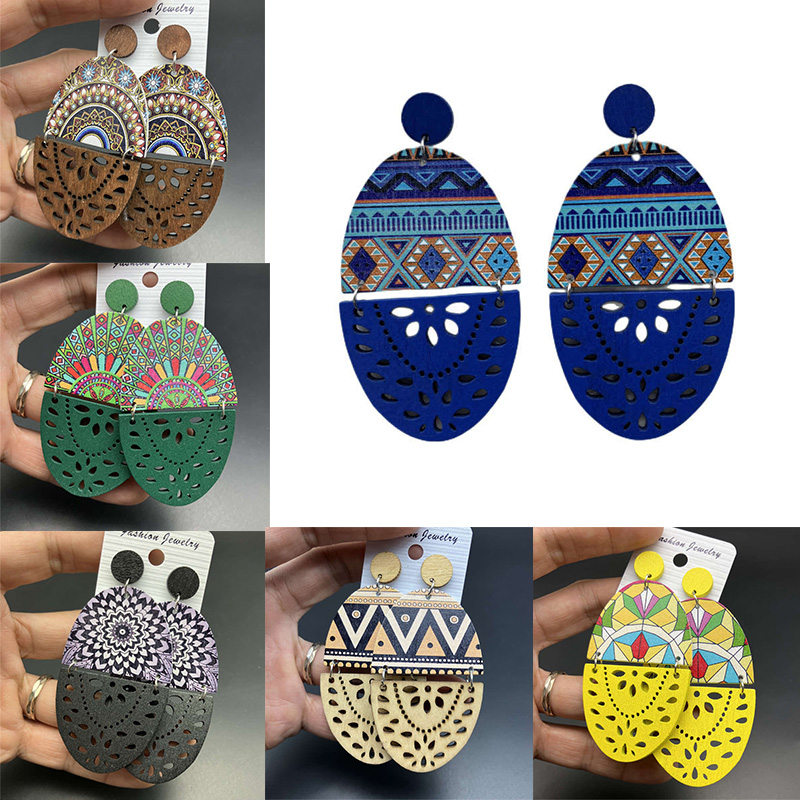 European and American Retro Wooden Dangle Earrings Printed Hollow Jewelry Earrings - 图片 18