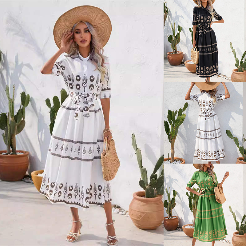 Women's Clothing Summer National Style Printing Half-Length Sleeve Dress - Image 25