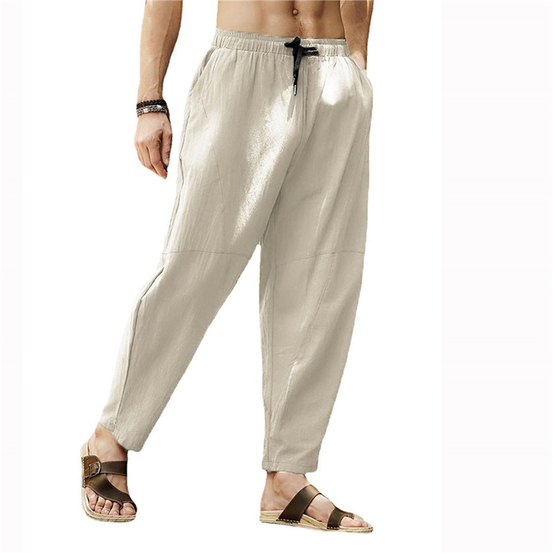 Mens Casual Cotton Linen Baggy Trousers Wide Leg Elastic Waist Loose Harem Pants - 图片 13