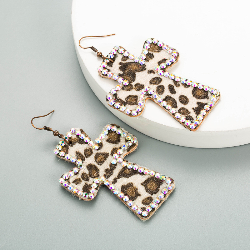 Cross-Shaped Duplex Printing Leopard Print Earrings Genuine Leather Retro Ins Earrings - 图片 8