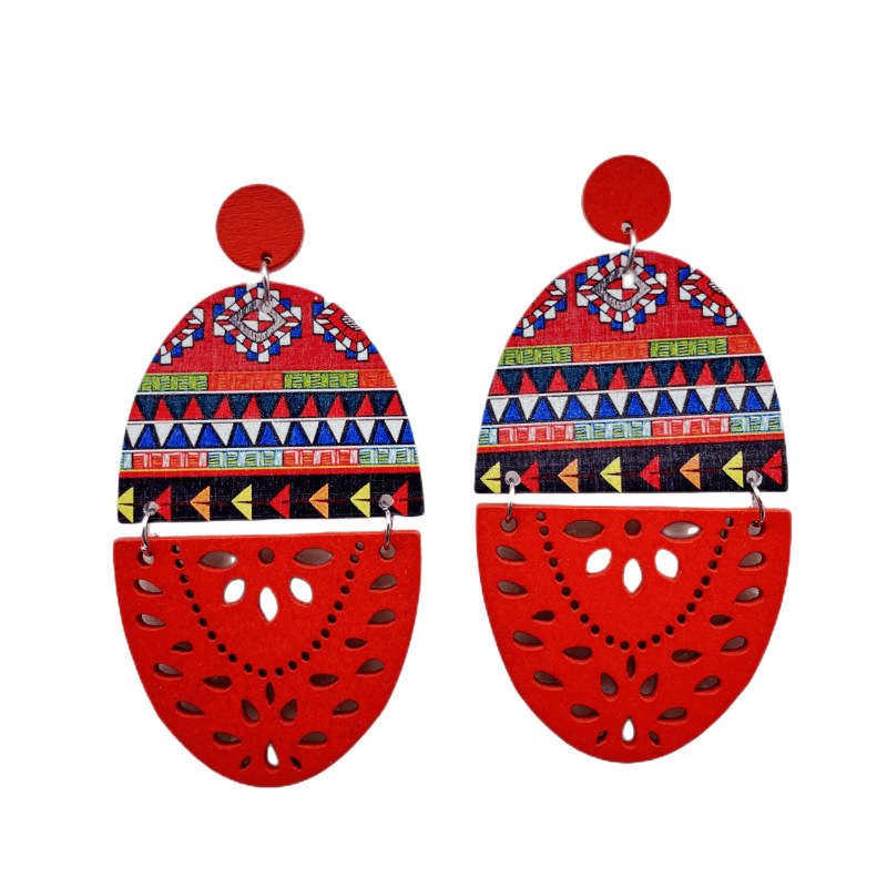 European and American Retro Wooden Dangle Earrings Printed Hollow Jewelry Earrings - 图片 16