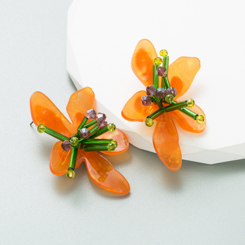 Colorful Acrylic Flower Earrings Exaggerated Hand-Woven Petal Ear Accessory - 图片 8