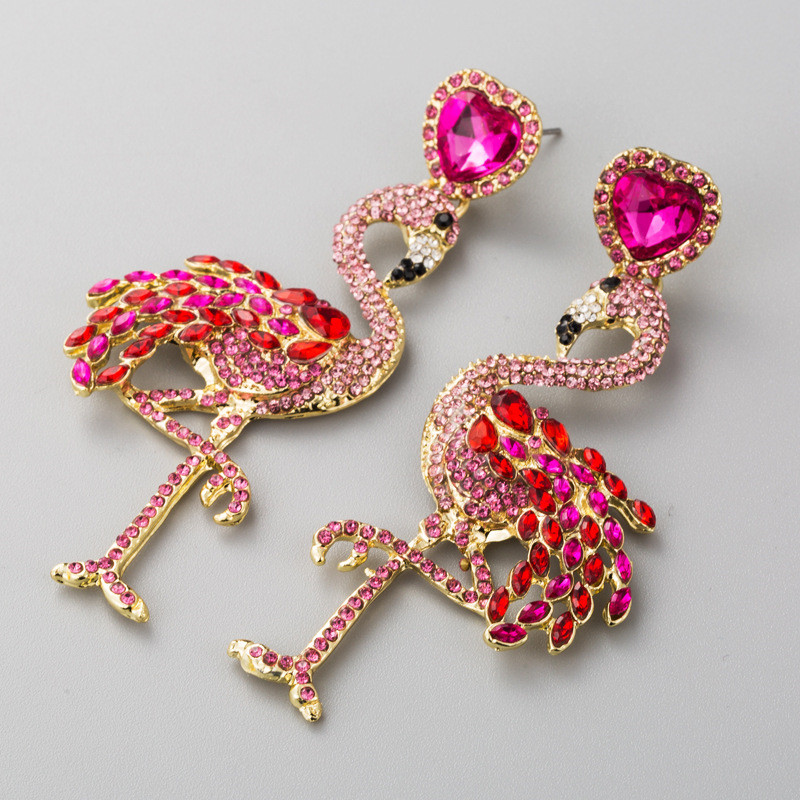 Flamingo Earrings Women's Long Rhinestone Earrings Retro Exaggerated Alloy Earrings - 图片 8