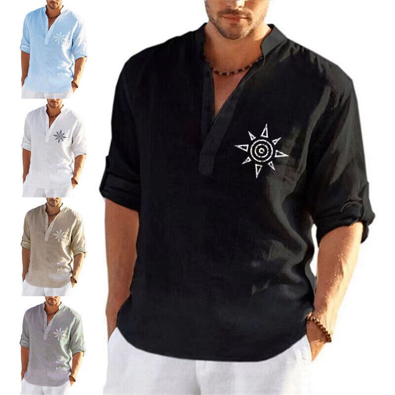 Mens Summer Short Sleeve Linen Shirts Solid Loose Casual Dress Shirt Blouse Tops - 图片 8
