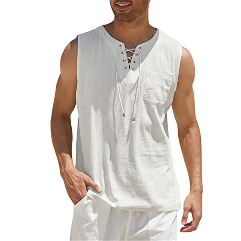 2024 Cross-Border Amazon Hot Sale New Men's Vest Shirt Lace-up Fashion Solid Color Cotton Linen Short Sleeve T-shirt - 图片 16