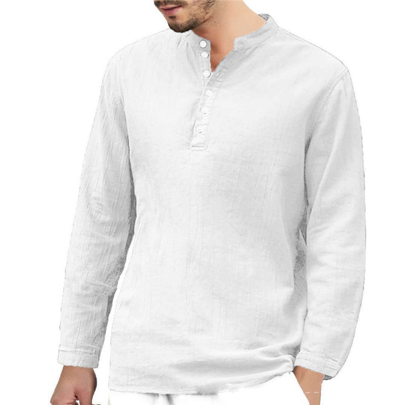 Men's Linen T-shirt Long Sleeve Casual Grandad Shirts Loose Blouse Tops Formal - 图片 9