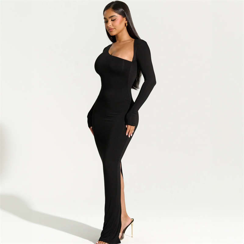 Women's Clothing Summer Sexy Hot Girl Slim Long Sleeves Diagonal Collar Back Slit Dress - Image 3