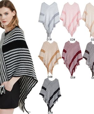 Pullover Cape Shawl Autumn Winter Bat Sweater Black Striped Knitted Shawl Keep Warm