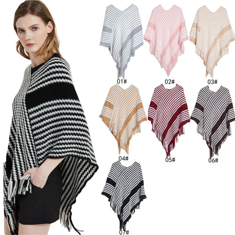 Pullover Cape Shawl Autumn Winter Bat Sweater Black Striped Knitted Shawl Keep Warm