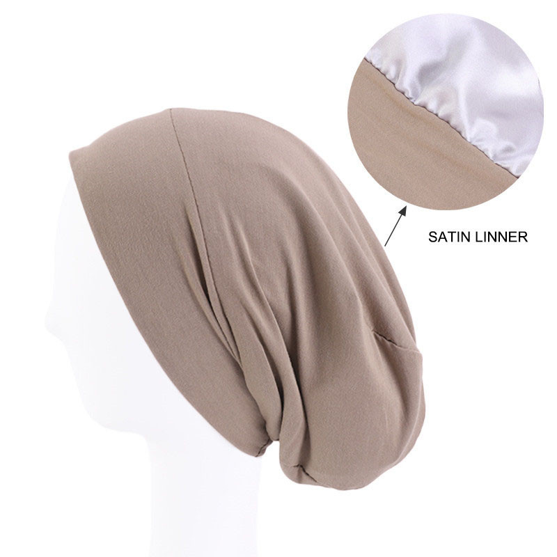 Elastic Cotton Sleeve Cap Pile Cap Satin Lining Double Layer Nightcap Shower Cap - 图片 14