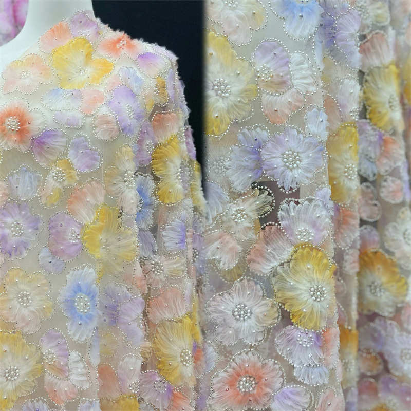 3D Flower Heavy Industry Embroidery Pearl Fabric DIY Lace Bead Mesh Fabric - 图片 11