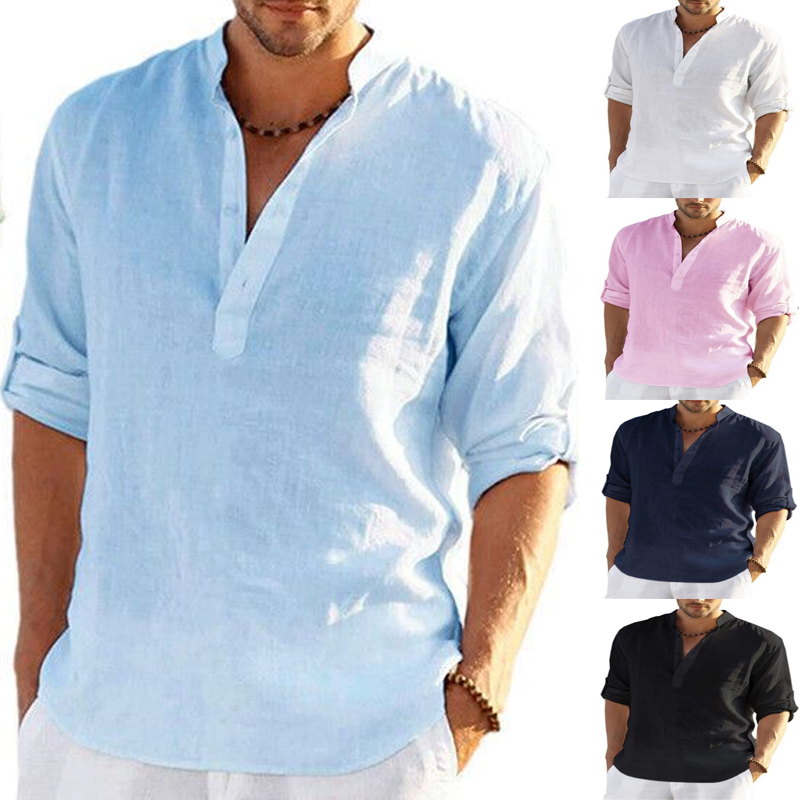 Mens Linen Long Sleeve Shirts Solid Loose Casual Shirt Blouse Top Cotton Summer - Image 12