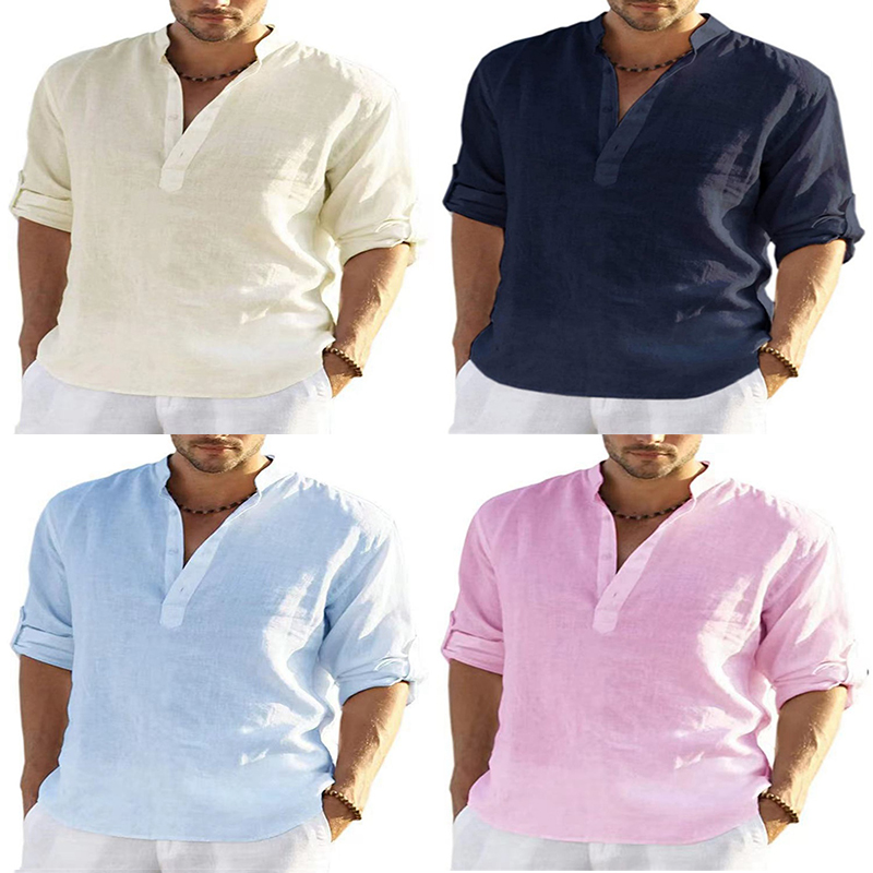 Mens Linen Long Sleeve Shirts Solid Loose Casual Shirt Blouse Top Cotton Summer - Image 13
