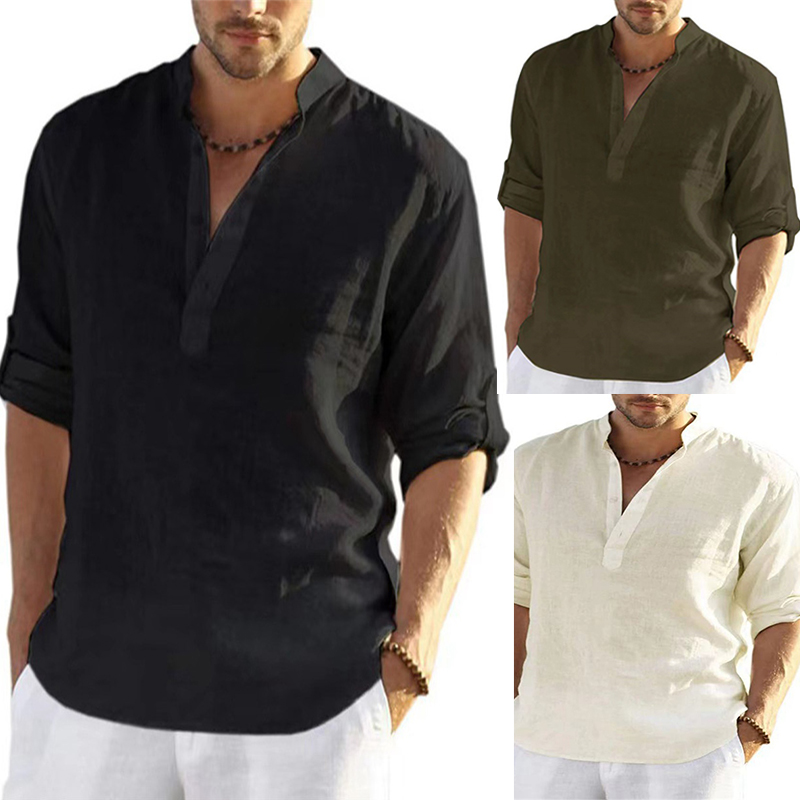 Mens Linen Long Sleeve Shirts Solid Loose Casual Shirt Blouse Top Cotton Summer - Image 9