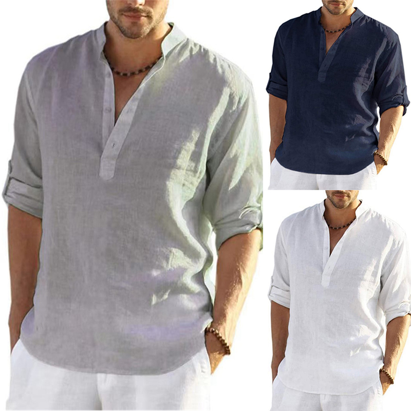 Mens Linen Long Sleeve Shirts Solid Loose Casual Shirt Blouse Top Cotton Summer - Image 10