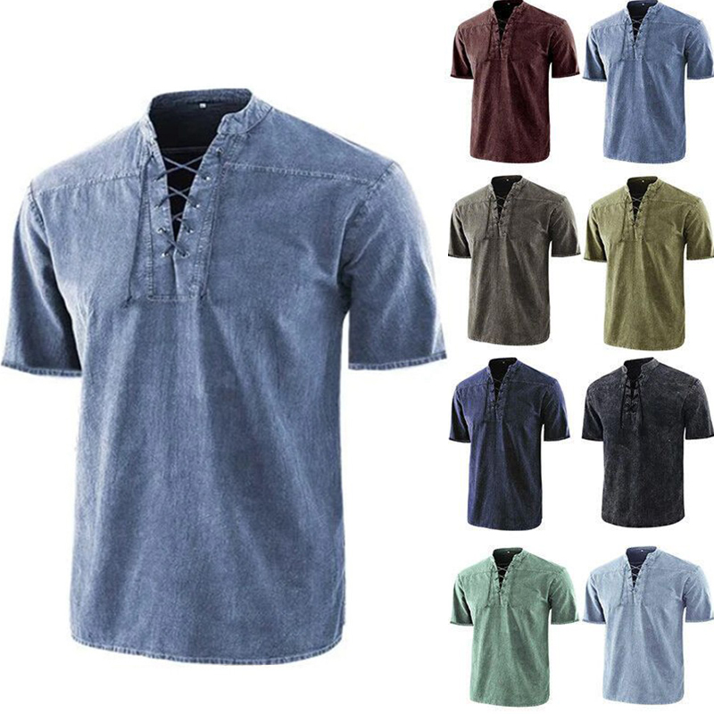 Mens V Neck Short Sleeve Plain Muscle Shirts Tops Casual Lace up T Shirt Blouse - Image 10