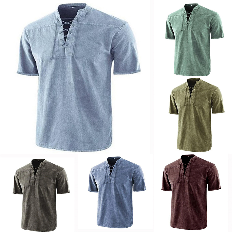 Mens V Neck Short Sleeve Plain Muscle Shirts Tops Casual Lace up T Shirt Blouse - Image 12
