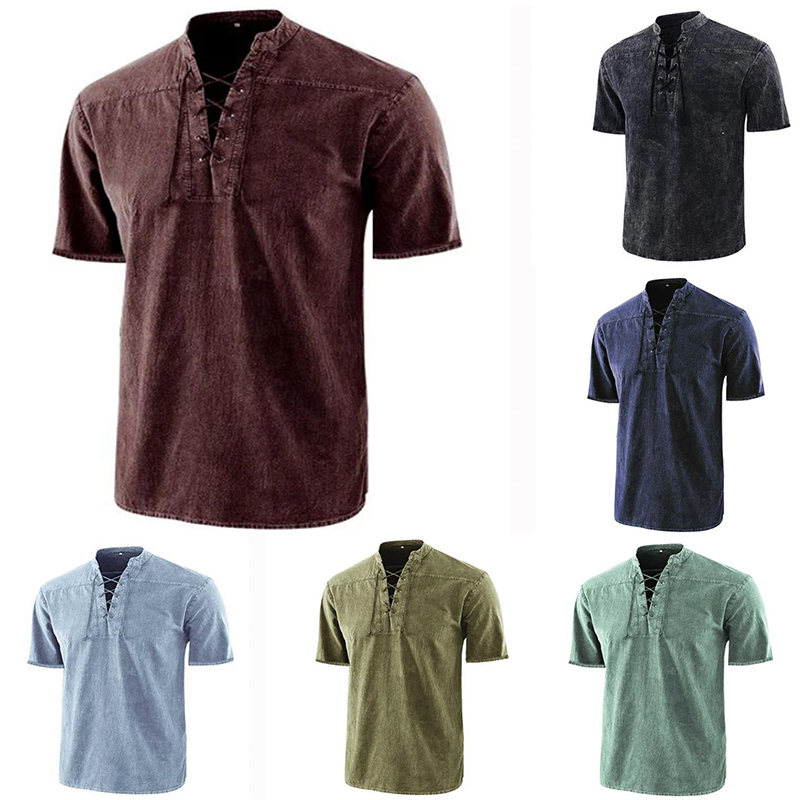 Mens V Neck Short Sleeve Plain Muscle Shirts Tops Casual Lace up T Shirt Blouse - Image 11