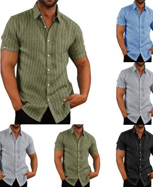 Men Linen Style Short Sleeve Stripe Shirts Casual Fit Formal Dress Top Tee Shirt