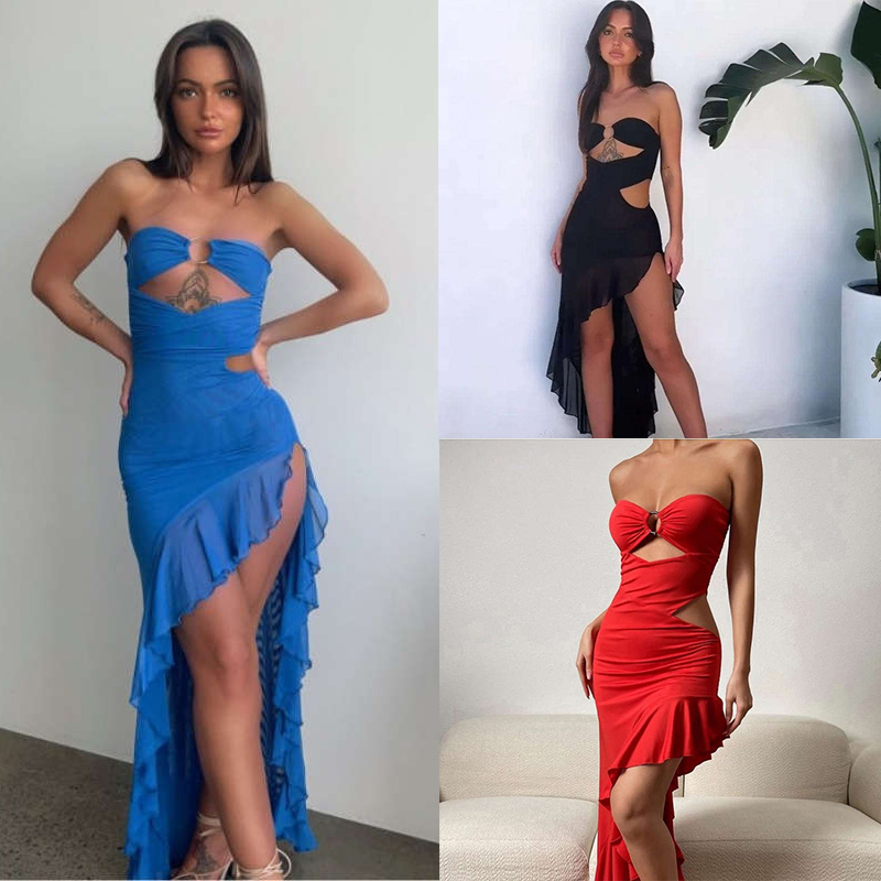 Women's Clothing Summer Sexy Boob Tube Top Irregular Slit Dress Fashion - Image 20