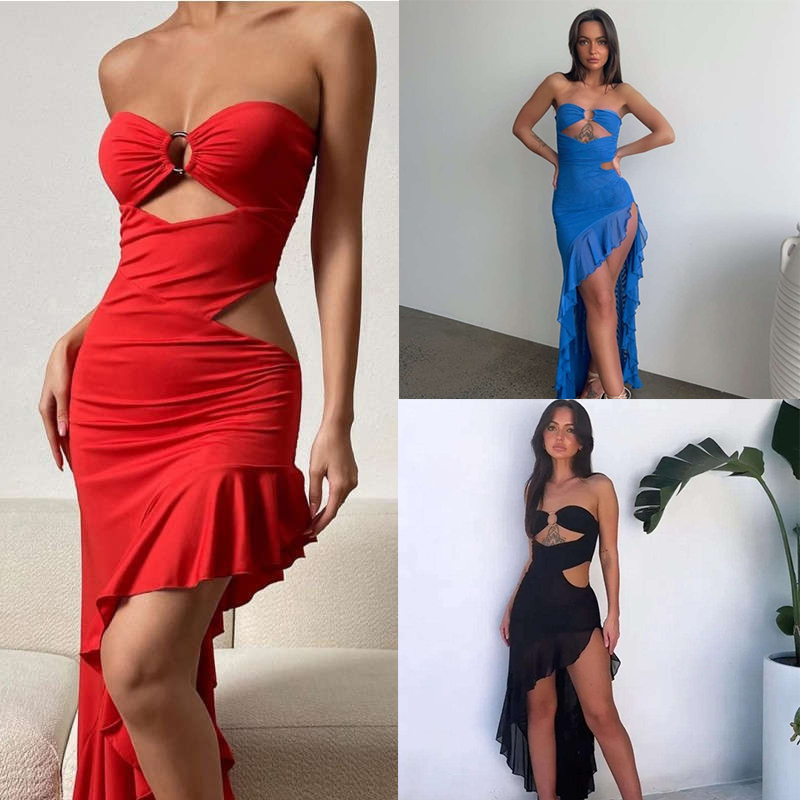 Women's Clothing Summer Sexy Boob Tube Top Irregular Slit Dress Fashion - Image 19