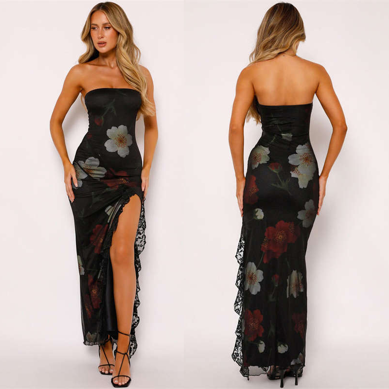 Women's Clothing Summer Fashion Printed Lace Stitching Wrapped Chest Backless Slit Dress - Image 18