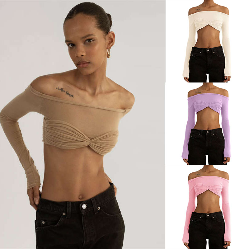 Women's Clothes Off Neck See Through Short Top Long Sleeve Sexy Top Fashion - 图片 21