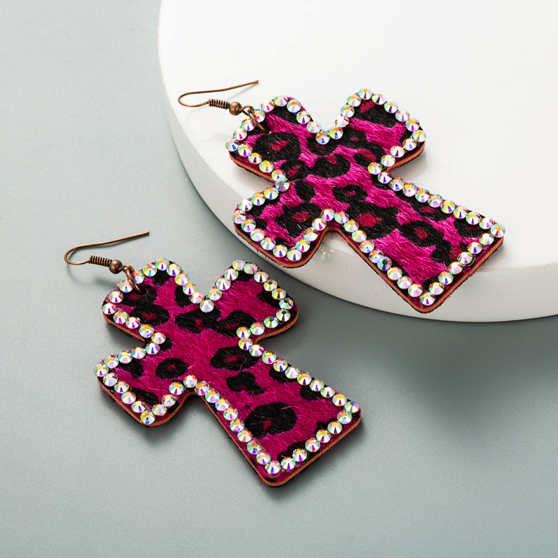 Cross-Shaped Duplex Printing Leopard Print Earrings Genuine Leather Retro Ins Earrings - 图片 9