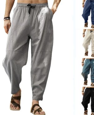 Mens Casual Cotton Linen Baggy Trousers Wide Leg Elastic Waist Loose Harem Pants