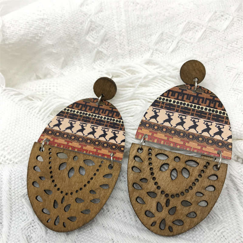 European and American Retro Wooden Dangle Earrings Printed Hollow Jewelry Earrings - 图片 17