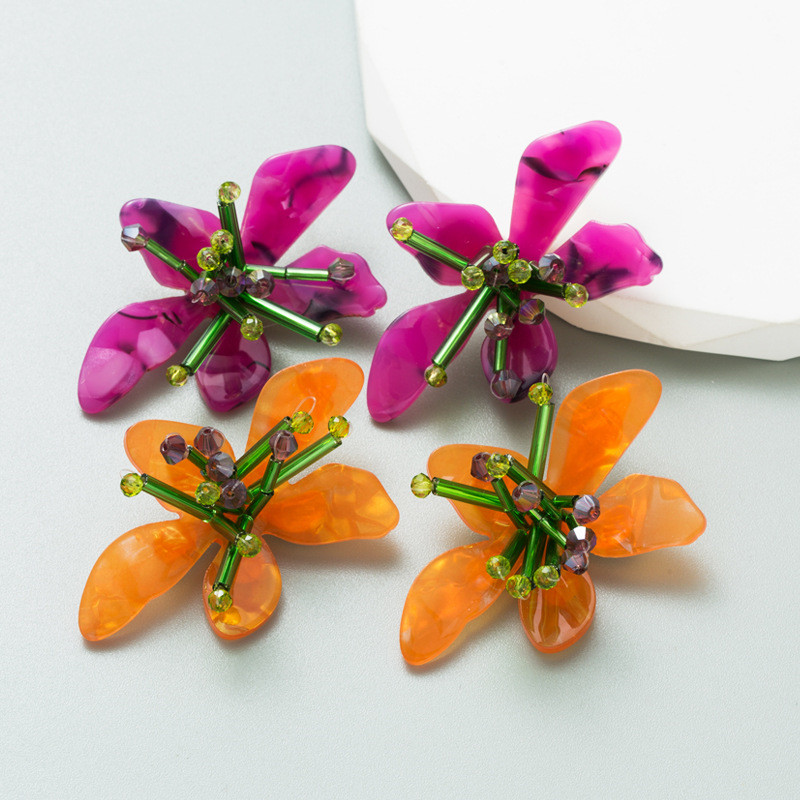 Colorful Acrylic Flower Earrings Exaggerated Hand-Woven Petal Ear Accessory