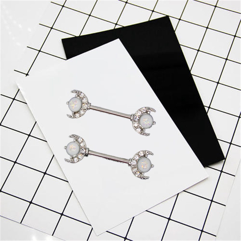 Opal Moon Breast ring body piercing jewelry crescent Moon Nipple Bar Barbell 1.6mm x 14mm - Image 9