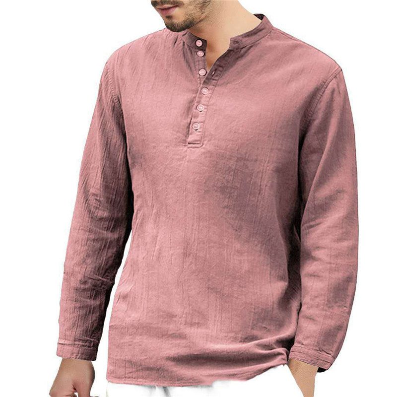 Men's Linen T-shirt Long Sleeve Casual Grandad Shirts Loose Blouse Tops Formal - 图片 10