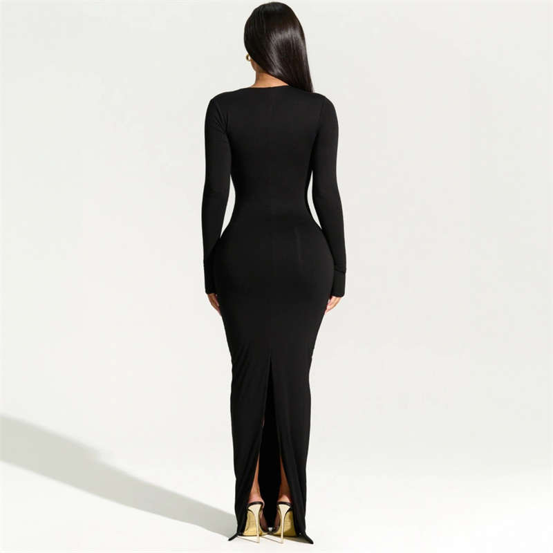 Women's Clothing Summer Sexy Hot Girl Slim Long Sleeves Diagonal Collar Back Slit Dress - Image 4