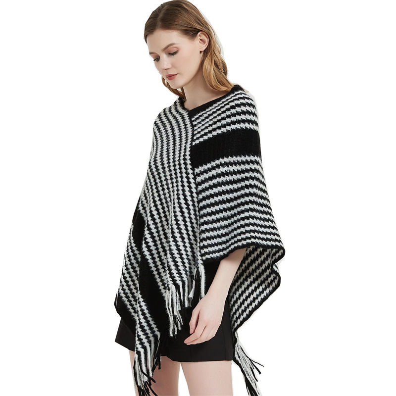 Pullover Cape Shawl Autumn Winter Bat Sweater Black Striped Knitted Shawl Keep Warm - 图片 3