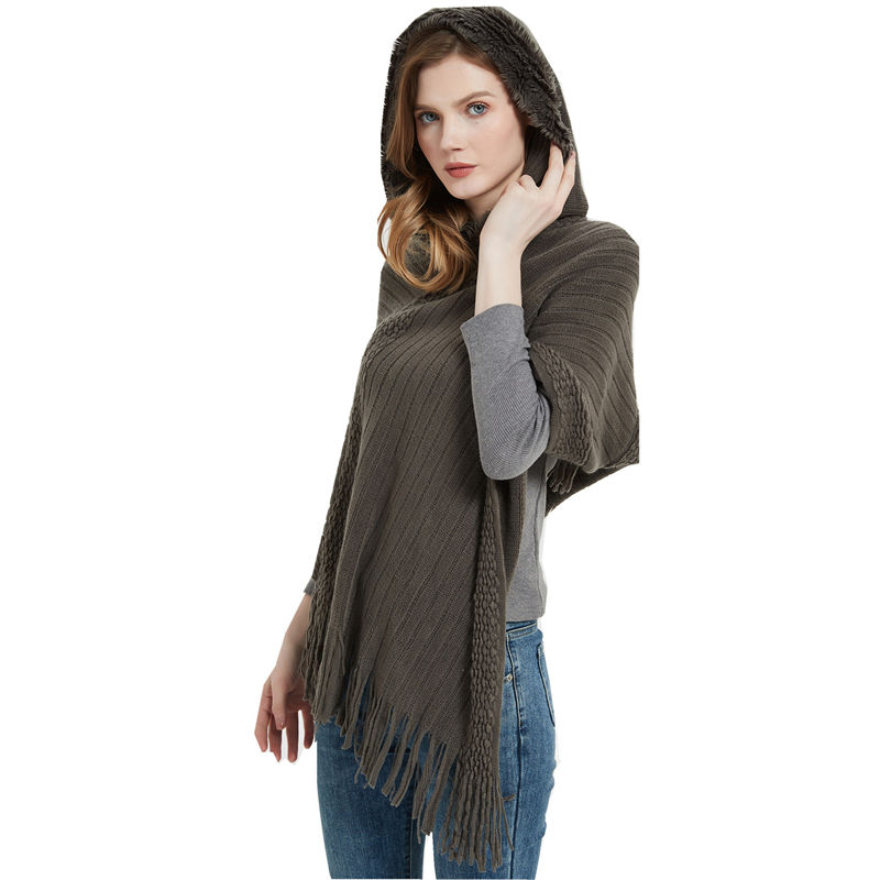 Shawl Ladies Autumn and Winter Solid Color Striped Tassel Hooded Cloak Keep Warm - 图片 4