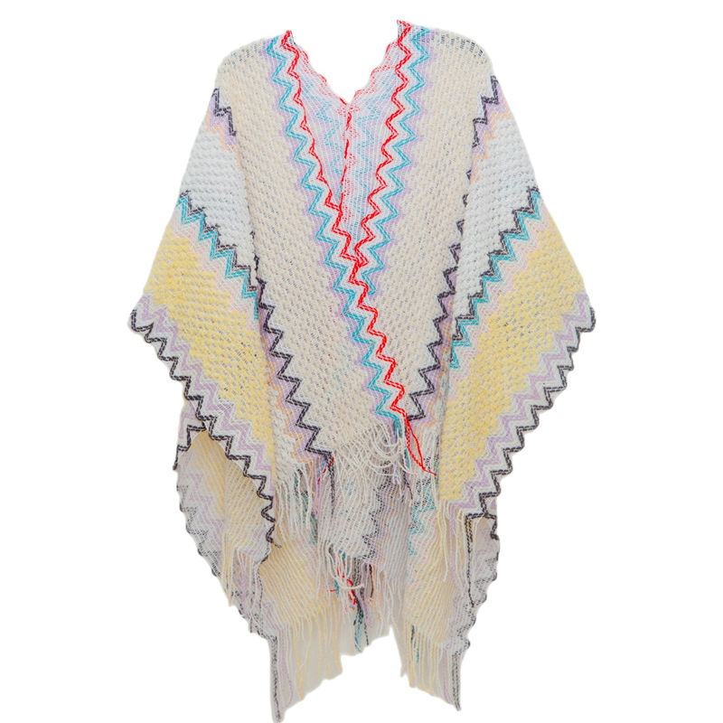 Autumn and Winter Tourism Ethnic Style Split White with Tassels Knitted Shawl - Image 11