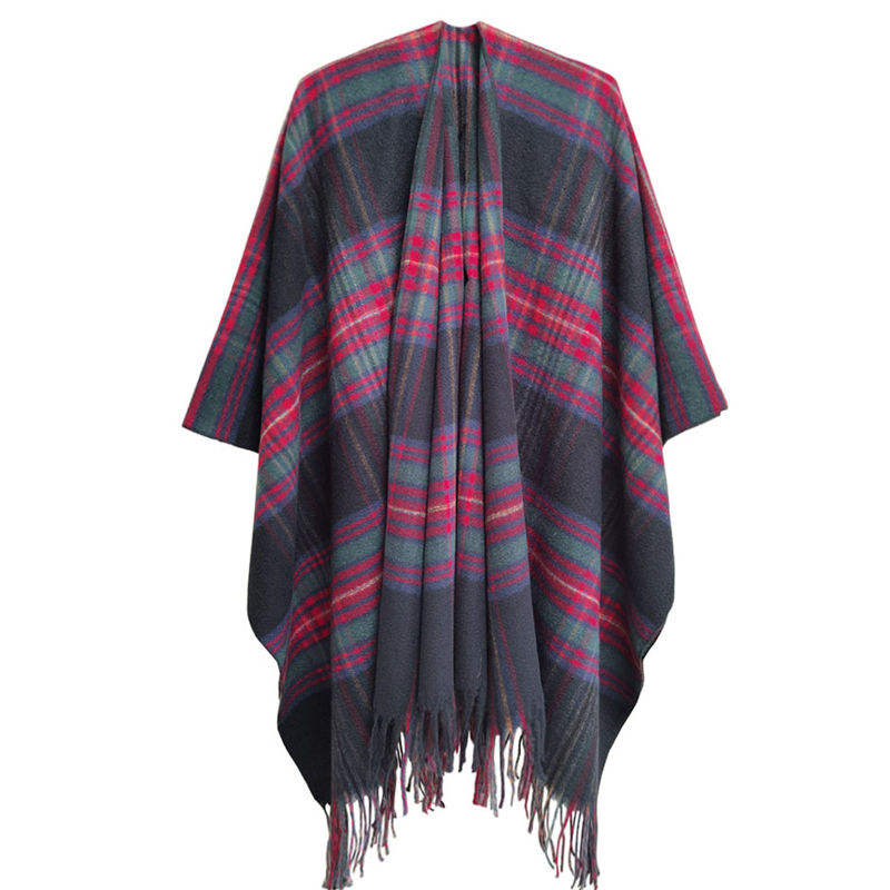 Autumn and Winter Women's Split Cloak Thickened Plaid Bristle Tassel Shawl - Image 17