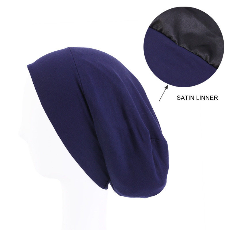 Elastic Cotton Sleeve Cap Pile Cap Satin Lining Double Layer Nightcap Shower Cap - 图片 15