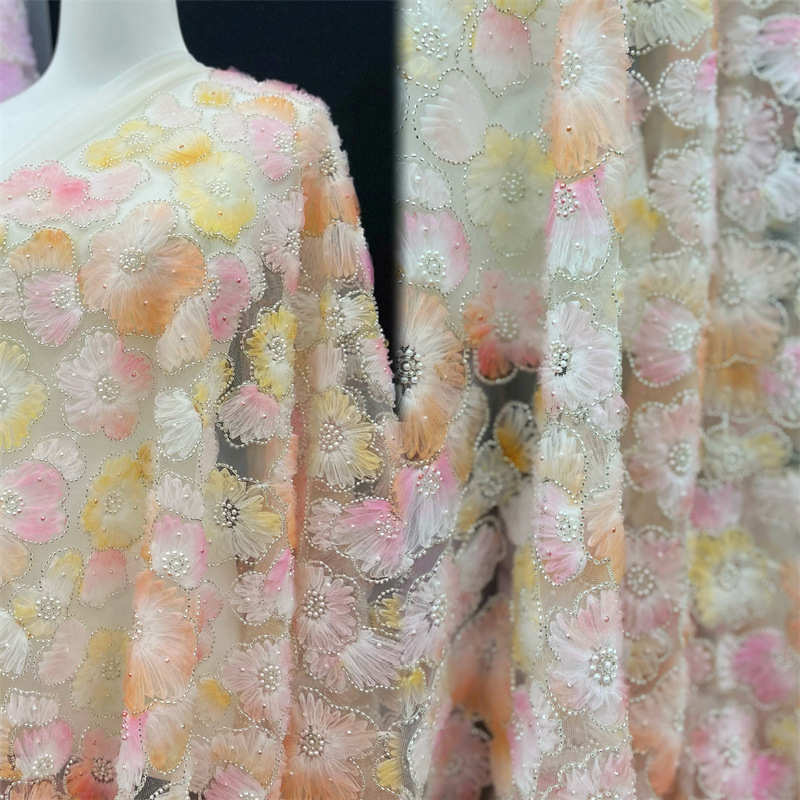 3D Flower Heavy Industry Embroidery Pearl Fabric DIY Lace Bead Mesh Fabric - 图片 12