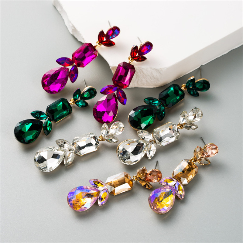Fashion Temperament Super Shiny Colorful Rhinestone Long Eardrops Geometric Drop Earrings Female Accessories