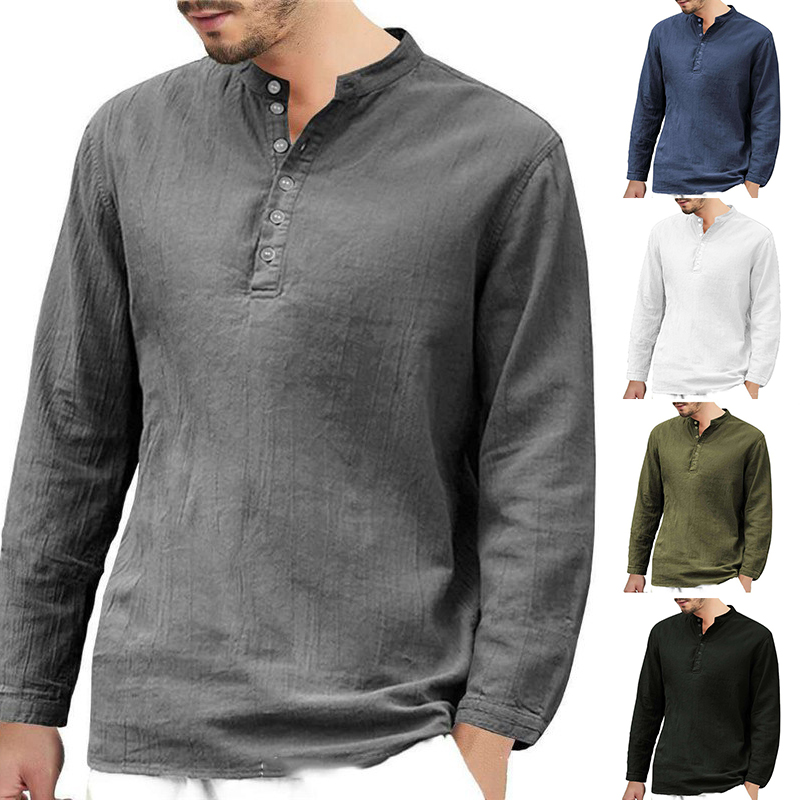 Men's Linen T-shirt Long Sleeve Casual Grandad Shirts Loose Blouse Tops Formal - 图片 12